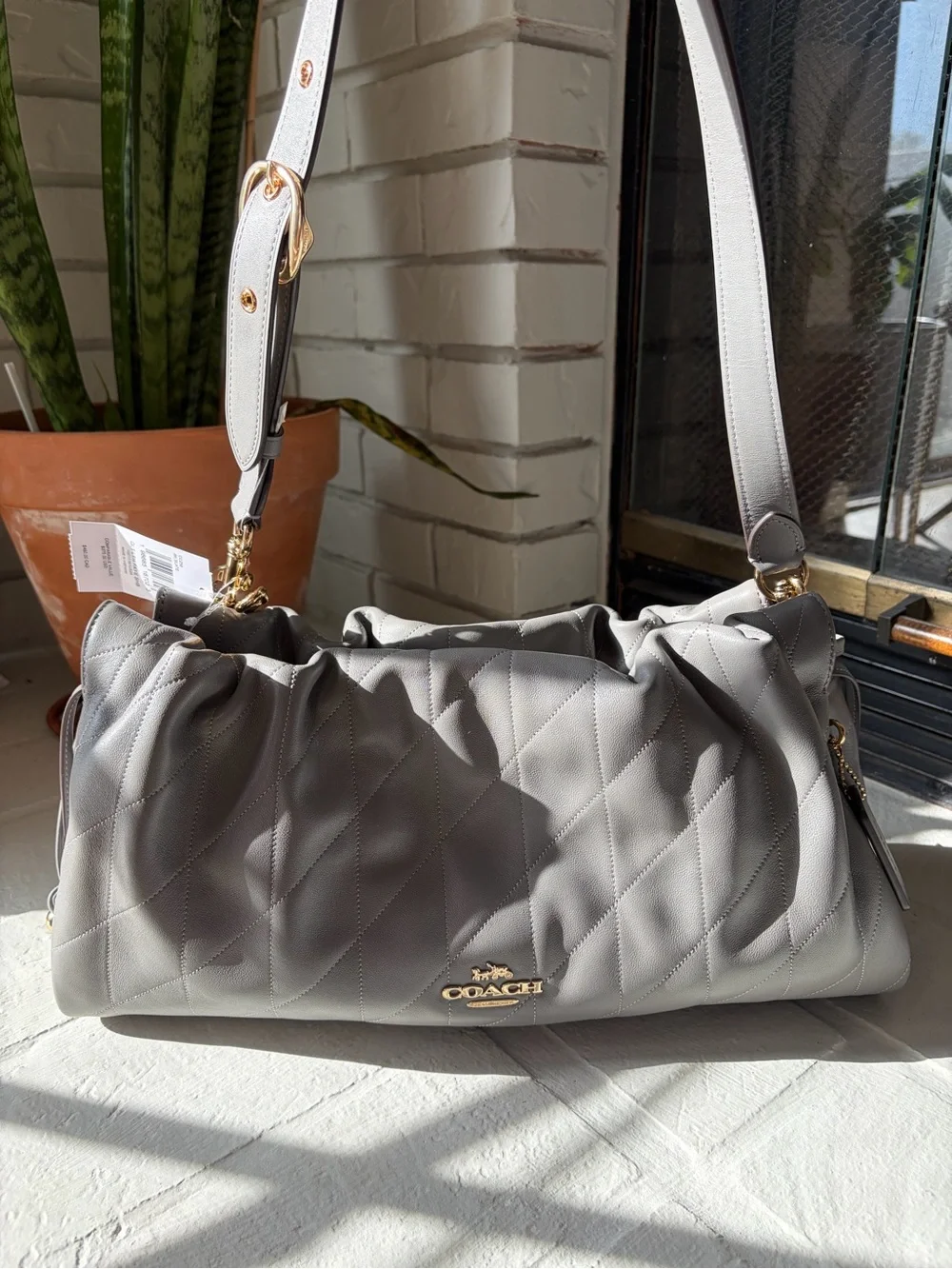 Coach Quilted Ruched Shoulder Bag in Gray with Gold Hardware - Coach